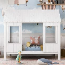 MERAX Lit Cabane 200x90cm, Lit Bébé, Lit De Jour Avec 2 Fenêtres, Cadre En Pin, Toit En MDF, Blanc