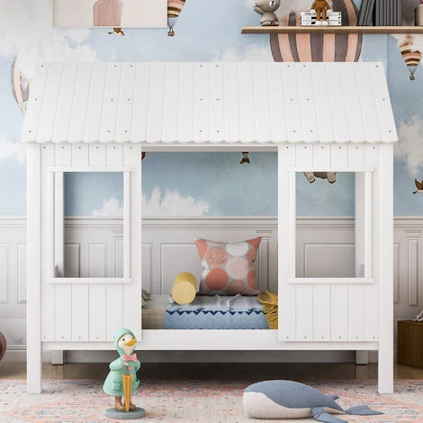 MERAX Lit Cabane 200x90cm, Lit Bébé, Lit De Jour Avec 2 Fenêtres, Cadre En Pin, Toit En MDF, Blanc 1 MERAX Lit Cabane 200x90cm, Lit Bébé, Lit De Jour Avec 2 Fenêtres, Cadre En Pin, Toit En MDF, Blanc