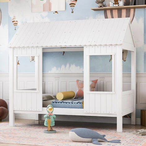 MERAX Lit Cabane 200x90cm, Lit Bébé, Lit De Jour Avec 2 Fenêtres, Cadre En Pin, Toit En MDF, Blanc 3 MERAX Lit Cabane 200x90cm, Lit Bébé, Lit De Jour Avec 2 Fenêtres, Cadre En Pin, Toit En MDF, Blanc – Image 3