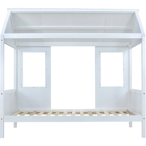 MERAX Lit Cabane 200x90cm, Lit Bébé, Lit De Jour Avec 2 Fenêtres, Cadre En Pin, Toit En MDF, Blanc 4 MERAX Lit Cabane 200x90cm, Lit Bébé, Lit De Jour Avec 2 Fenêtres, Cadre En Pin, Toit En MDF, Blanc – Image 4
