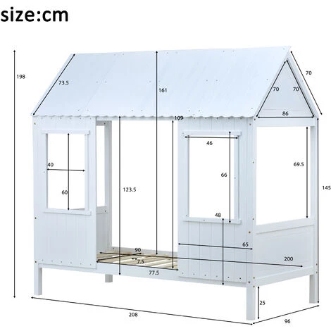 MERAX Lit Cabane 200x90cm, Lit Bébé, Lit De Jour Avec 2 Fenêtres, Cadre En Pin, Toit En MDF, Blanc 5 MERAX Lit Cabane 200x90cm, Lit Bébé, Lit De Jour Avec 2 Fenêtres, Cadre En Pin, Toit En MDF, Blanc – Image 5