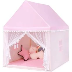 RELAX4LIFE Tente De Jeu Pour Enfant Avec Rideau à Double Filet, Château Pour Enfants Avec Cadre En Bois, Maison De Jeu Extérieur&Intérieur, Décoration Chambre Enfant,106x122x137cm (Rose)