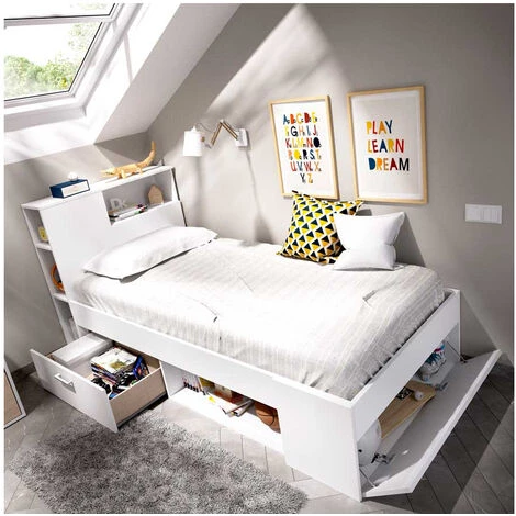 BEFARA LIT AVEC TIROIRS ET ÉTAGÈRES MEMORY - Blanc 4 BEFARA LIT AVEC TIROIRS ET ÉTAGÈRES MEMORY - Blanc – Image 4