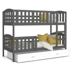 KIDS LITERIE Lit Superposé Teo 80x160 Gris - Blanc Livré Avec Sommiers, Tiroir Et Matelas En Mousse De 7cm