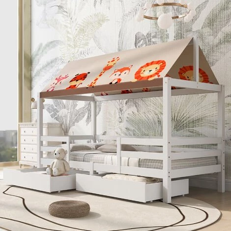 GROSMONDE Lit D'enfant 90x200 Cm Lit D'enfant Avec Protection Contre Les Chutes Et Toile De Tente, Sommier à Lattes Et Toit - Blanc ; 1 GROSMONDE Lit D'enfant 90x200 Cm Lit D'enfant Avec Protection Contre Les Chutes Et Toile De Tente, Sommier à Lattes Et Toit - Blanc ;