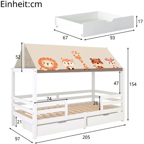 GROSMONDE Lit D'enfant 90x200 Cm Lit D'enfant Avec Protection Contre Les Chutes Et Toile De Tente, Sommier à Lattes Et Toit - Blanc ; 2 GROSMONDE Lit D'enfant 90x200 Cm Lit D'enfant Avec Protection Contre Les Chutes Et Toile De Tente, Sommier à Lattes Et Toit - Blanc ; – Image 2