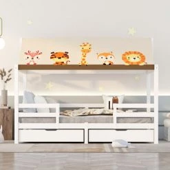 GROSMONDE Lit D'enfant 90x200 Cm Lit D'enfant Avec Protection Contre Les Chutes Et Toile De Tente, Sommier à Lattes Et Toit - Blanc ; 7 GROSMONDE Lit D'enfant 90x200 Cm Lit D'enfant Avec Protection Contre Les Chutes Et Toile De Tente, Sommier à Lattes Et Toit - Blanc ; -Lit enfant Soldes Boutique 64689216 3