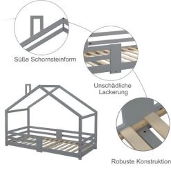 GROSMONDE 90 X 200 Cm Lit D'enfant Lit De Maison Avec Cheminée | Protection Antichute| Sommier à Lattes Robuste |Pin Maison Lit For Kids, Sans Matelas, Gris -Lit enfant Soldes Boutique 64689220 4