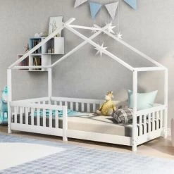 GROSMONDE 200x90cm Beau Lit De Maison Lit D'enfant,bois Massif Avec Barrière Et Sommier, Avec Protection Contre Les Chutes Pour Chambre D'enfant Et D'adolescent,Blanc