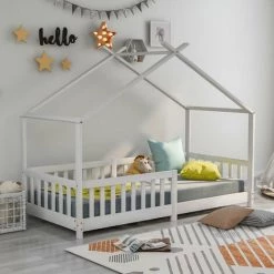 GROSMONDE 200x90cm Beau Lit De Maison Lit D'enfant,bois Massif Avec Barrière Et Sommier, Avec Protection Contre Les Chutes Pour Chambre D'enfant Et D'adolescent,Blanc -Lit enfant Soldes Boutique 64689222 5