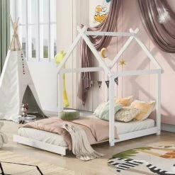 GROSMONDE 90x200cm Lit De Maison Lit En Bois Pour Gar?ons Et Filles Lit D'enfant En Bois Massif Lit De Sol Convertible Blanc