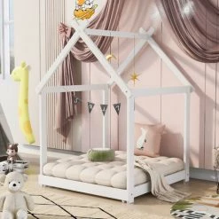 GROSMONDE 90x200cm Lit De Maison Lit En Bois Pour Gar?ons Et Filles Lit D'enfant En Bois Massif Lit De Sol Convertible Blanc -Lit enfant Soldes Boutique 64689233 3