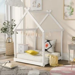 GROSMONDE 90x200cm Lit De Maison Lit En Bois Pour Gar?ons Et Filles Lit D'enfant En Bois Massif Lit De Sol Convertible Blanc -Lit enfant Soldes Boutique 64689233 4