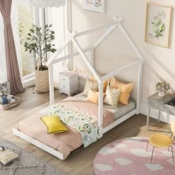 GROSMONDE 90x200cm Lit De Maison Lit En Bois Pour Gar?ons Et Filles Lit D'enfant En Bois Massif Lit De Sol Convertible Blanc -Lit enfant Soldes Boutique 64689233 5