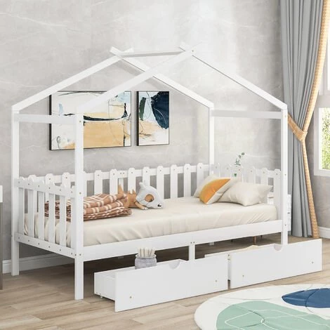 MODERNLUXE Lit Cabane Pour Enfant Jeune 90x200cm Lit Enfant Lit Simple Cadre De Lit En Bois Avec Sommier à Lattes, Blanc 1 MODERNLUXE Lit Cabane Pour Enfant Jeune 90x200cm Lit Enfant Lit Simple Cadre De Lit En Bois Avec Sommier à Lattes, Blanc