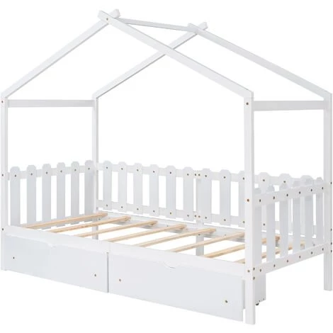 MODERNLUXE Lit Cabane Pour Enfant Jeune 90x200cm Lit Enfant Lit Simple Cadre De Lit En Bois Avec Sommier à Lattes, Blanc 2 MODERNLUXE Lit Cabane Pour Enfant Jeune 90x200cm Lit Enfant Lit Simple Cadre De Lit En Bois Avec Sommier à Lattes, Blanc – Image 2