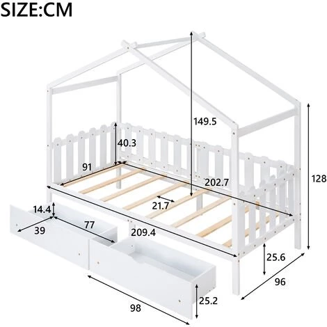 MODERNLUXE Lit Cabane Pour Enfant Jeune 90x200cm Lit Enfant Lit Simple Cadre De Lit En Bois Avec Sommier à Lattes, Blanc 4 MODERNLUXE Lit Cabane Pour Enfant Jeune 90x200cm Lit Enfant Lit Simple Cadre De Lit En Bois Avec Sommier à Lattes, Blanc – Image 4