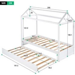 MODERNLUXE Lit Cabane Gigogne 90x200 Cm, 90x190cm En Bois Avec Sommier à Latte -Lit enfant Soldes Boutique 64694728 5