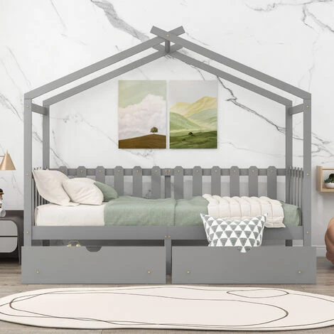 Lit Cabane,lit Enfant, Lit Simple, 90*200 Cm, Avec Fenêtre, Avec Anti-chute Et Sommier à Lattes,gris,LBF 2 Lit Cabane,lit Enfant, Lit Simple, 90*200 Cm, Avec Fenêtre, Avec Anti-chute Et Sommier à Lattes,gris,LBF – Image 2