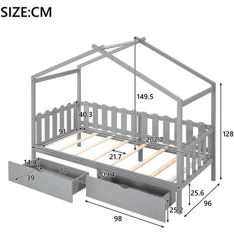Lit Cabane,lit Enfant, Lit Simple, 90*200 Cm, Avec Fenêtre, Avec Anti-chute Et Sommier à Lattes,gris,LBF 5 Lit Cabane,lit Enfant, Lit Simple, 90*200 Cm, Avec Fenêtre, Avec Anti-chute Et Sommier à Lattes,gris,LBF – Image 5