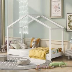 Lit Enfant, Lit Simple 90x200cm,pin Massif Avec Sommier à Lattes, Blanc，LBF -Lit enfant Soldes Boutique 64710835 3