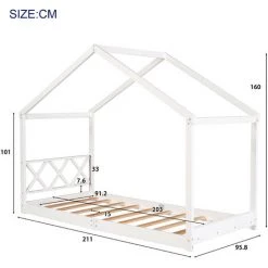 Lit Enfant, Lit Simple 90x200cm,pin Massif Avec Sommier à Lattes, Blanc，LBF -Lit enfant Soldes Boutique 64710835 5