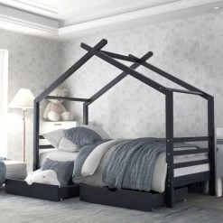 LBF Lit Cabane Enfant 90 X 190 Cm - Lit Simple Avec Tiroirs, Sommier à Lattes Et Toit, Sommier En Pin Massif - Bleu Marine