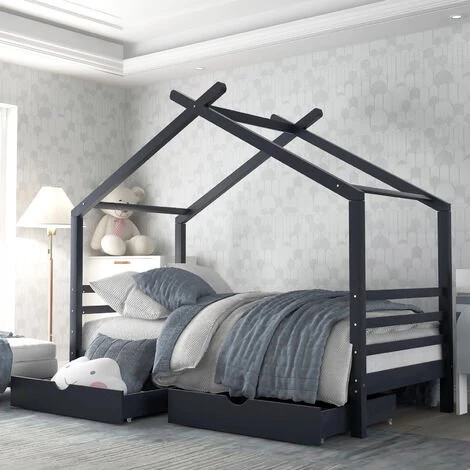 LBF Lit Cabane Enfant 90 X 190 Cm - Lit Simple Avec Tiroirs, Sommier à Lattes Et Toit, Sommier En Pin Massif - Bleu Marine 1 LBF Lit Cabane Enfant 90 X 190 Cm - Lit Simple Avec Tiroirs, Sommier à Lattes Et Toit, Sommier En Pin Massif - Bleu Marine