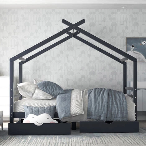 LBF Lit Cabane Enfant 90 X 190 Cm - Lit Simple Avec Tiroirs, Sommier à Lattes Et Toit, Sommier En Pin Massif - Bleu Marine 2 LBF Lit Cabane Enfant 90 X 190 Cm - Lit Simple Avec Tiroirs, Sommier à Lattes Et Toit, Sommier En Pin Massif - Bleu Marine – Image 2