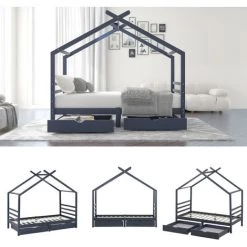 LBF Lit Cabane Enfant 90 X 190 Cm - Lit Simple Avec Tiroirs, Sommier à Lattes Et Toit, Sommier En Pin Massif - Bleu Marine 7 LBF Lit Cabane Enfant 90 X 190 Cm - Lit Simple Avec Tiroirs, Sommier à Lattes Et Toit, Sommier En Pin Massif - Bleu Marine -Lit enfant Soldes Boutique 64710844 3