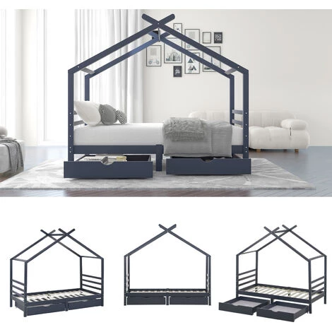 LBF Lit Cabane Enfant 90 X 190 Cm - Lit Simple Avec Tiroirs, Sommier à Lattes Et Toit, Sommier En Pin Massif - Bleu Marine 3 LBF Lit Cabane Enfant 90 X 190 Cm - Lit Simple Avec Tiroirs, Sommier à Lattes Et Toit, Sommier En Pin Massif - Bleu Marine – Image 3