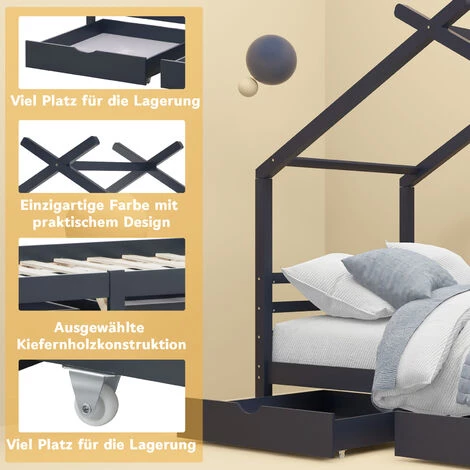 LBF Lit Cabane Enfant 90 X 190 Cm - Lit Simple Avec Tiroirs, Sommier à Lattes Et Toit, Sommier En Pin Massif - Bleu Marine 4 LBF Lit Cabane Enfant 90 X 190 Cm - Lit Simple Avec Tiroirs, Sommier à Lattes Et Toit, Sommier En Pin Massif - Bleu Marine – Image 4