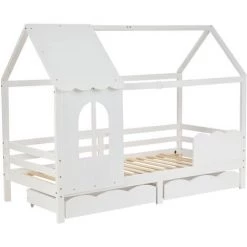 Lit Cabane Enfant Cadre De Lit En Bois De Pin Massif, Avec Sommier à Lattes Et Toit,avec Tiroir Et Fenêtre Anti-chute, 90 X 200 Cm, Blanc, LBF -Lit enfant Soldes Boutique 64710858 3