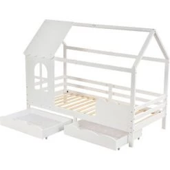 Lit Cabane Enfant Cadre De Lit En Bois De Pin Massif, Avec Sommier à Lattes Et Toit,avec Tiroir Et Fenêtre Anti-chute, 90 X 200 Cm, Blanc, LBF -Lit enfant Soldes Boutique 64710858 4