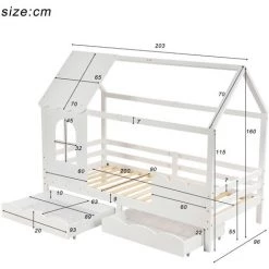 Lit Cabane Enfant Cadre De Lit En Bois De Pin Massif, Avec Sommier à Lattes Et Toit,avec Tiroir Et Fenêtre Anti-chute, 90 X 200 Cm, Blanc, LBF -Lit enfant Soldes Boutique 64710858 5