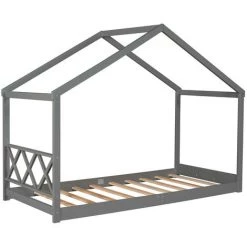 Lit Enfant, Lit Cabane, Lit Simple, 90*200 Cm, Avec Toit,avec Anti-chute Et Sommier à Lattes,gris，LBF -Lit enfant Soldes Boutique 64710876 3