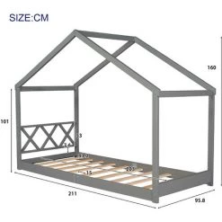 Lit Enfant, Lit Cabane, Lit Simple, 90*200 Cm, Avec Toit,avec Anti-chute Et Sommier à Lattes,gris，LBF -Lit enfant Soldes Boutique 64710876 5
