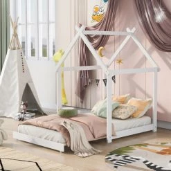 Lit Enfant, Lit Cabane, Lit Simple, 90*200 Cm, Avec Toit,blanc，Convertible,pin Massif Avec Sommier à Lattes,LBF