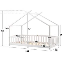 Lit Cabane Enfant 90 X 200 Cm - Cadre De Lit En Pin Massif, Avec Sommier à Lattes Et Toit, Avec Protection Contre Les Chutes - Blanc - LBF -Lit enfant Soldes Boutique 64710891 5