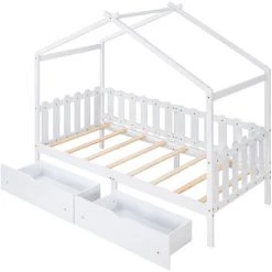 Lit Cabane,lit Enfant, Lit Simple, 90*200 Cm, Avec Fenêtre, Avec Anti-chute Et Sommier à Lattes, Blanc，LBF -Lit enfant Soldes Boutique 64710897 3