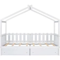 Lit Cabane,lit Enfant, Lit Simple, 90*200 Cm, Avec Fenêtre, Avec Anti-chute Et Sommier à Lattes, Blanc，LBF -Lit enfant Soldes Boutique 64710897 4