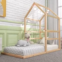 MODERNLUXE Lit Cabane 90x200cm Lit Enfant En Bois De Pin Couleur Naturelle