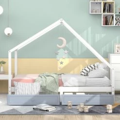 MODERNLUXE Lit Cabane Lit Enfant 90x200cm Avec 2 Tiroirs Amovibles En Bois Massif Cadre De Lit Enfant Blanc