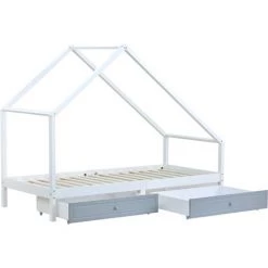 MODERNLUXE Lit Cabane Lit Enfant 90x200cm Avec 2 Tiroirs Amovibles En Bois Massif Cadre De Lit Enfant Blanc -Lit enfant Soldes Boutique 64757288 3