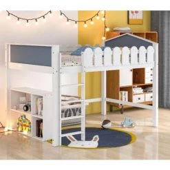 MODERNLUXE Lit Mezzanine Lit Enfant 120x200cm Avec Meuble De Rangement, Sommier à Lattes En Pin Massif