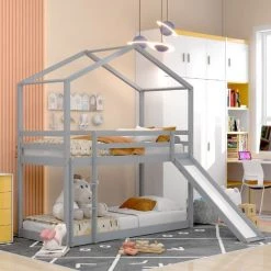 MODERNLUXE Lit Superposé Avec Toboggan Lit Cabane Enfant Cadre De Lit Convertible En Bois Massif Avec Sommier à Lattes 90 X 200 Cm, Gris