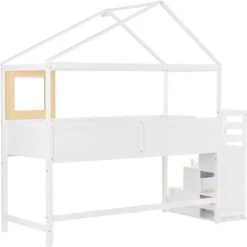 Lit Enfant, 90*200cm, Lit Cabane, Lit Simple, Avec Escalier Et Fenêtre, Avec Sommier à Lattes, Planchette, Escalier à 3 Tiroirs, Blanc,LBF -Lit enfant Soldes Boutique 65382581 4