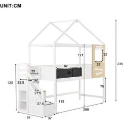Lit Enfant, 90*200cm, Lit Cabane, Lit Simple, Avec Escalier Et Fenêtre, Avec Sommier à Lattes, Planchette, Escalier à 3 Tiroirs, Blanc,LBF -Lit enfant Soldes Boutique 65382581 5