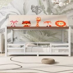 Lit Cabane Enfant-avec Tente En Tissu Sommier Et Barrières-bois Massif Blanc-90 X 190 Cm-Fortuna Lai