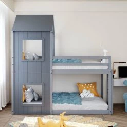 LBF Lit Cabane Enfant Superposé 90 X 200 Cm - Avec échelle Et Toit, Lit Cabane Avec Sommier, Cadre De Lit En Bois De Pin - Gris